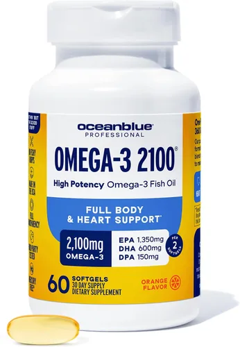 Oceanblue Suplemento profesional de aceite de pescado Omega-3 de 2100 mg de triple fuerza, EPA, DHA y DPA de alta potencia, sin erupciones,