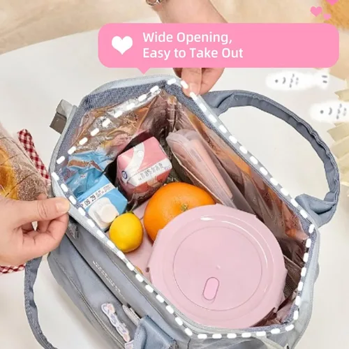 Miniatura 3 de Lonchera Kawaii con pines kawaii, bonita bolsa de almuerzo estética para mujeres y niñas, bolsa grande con insulto, suministros escolares kawaii Azul
