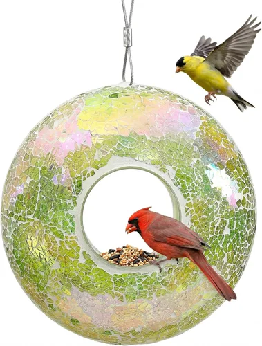 Comedero para pájaros, comedero para pájaros salvajes a prueba de ardillas redondo, diseño de vidrio colgante con entrada para pájaros, comedero