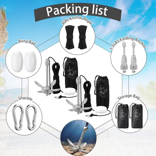 Miniatura 5 de Lounsweer Paquete de 2 anclajes de kayak marino de 1.5/3.5 libras, kit de anclaje plegable para barco, kayak, pesca, accesorios para botes pequeños