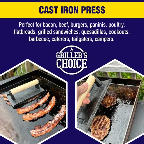 Miniatura 4 de Grillers Choice Prensa de tocino y prensa para parrilla de 2 piezas, prensa de carne de hierro fundido duradera, trituradora de hamburguesas