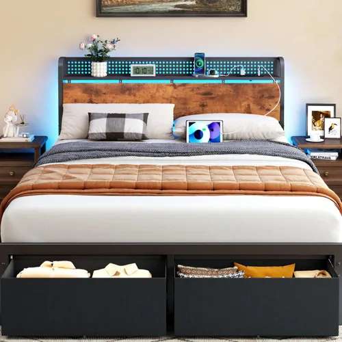 Furnulem Base de cama tamaño Queen con almacenamiento de cabecero, base de cama de plataforma tamaño Queen con 2 cajones, estación de carga y luces