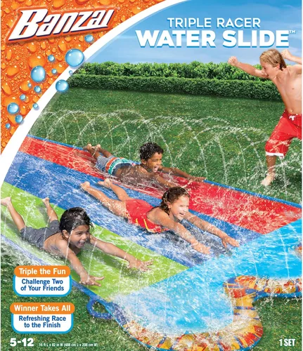 Miniatura 2 de BANZAI Triple Racer Tobogán acuático, longitud: 16 pies, ancho: 82 pulgadas, juguete inflable para salpicaduras de agua para patio trasero
