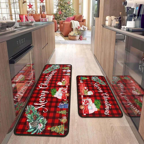 2 piezas de alfombras y tapetes de cocina de Navidad para el suelo con respaldo antideslizante, decoración de cocina de Navidad feliz, juego de