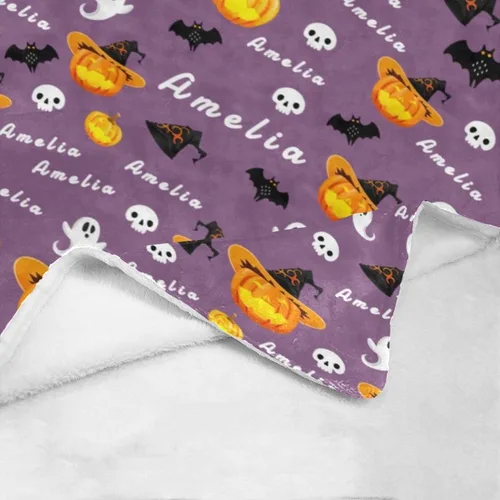 Miniatura 3 de PUREFLY Manta personalizada de Halloween con nombre para bebé, sombrero de bruja de calabaza, murciélagos negros, decoración de manta de forro polar