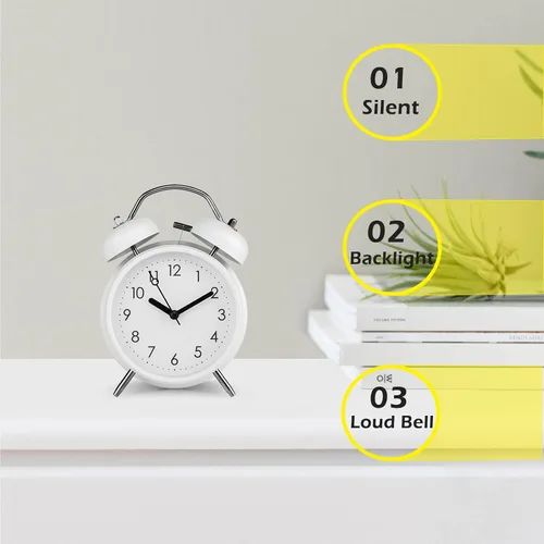 Miniatura 2 de PILIFE Reloj despertador analógico, 4 pulgadas, súper silencioso, sin tictac, con luz de fondo, sin repetición, funciona con pilas, campana ruidosa