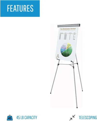 Miniatura 3 de MasterVision Caballete telescópico resistente de 3 patas, altura ajustable de 37.5 a 69 pulgadas, plateado, FLX05102MV