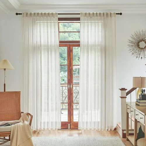 Miniatura 28 de Cortinas de lino transparente color crema de 96 pulgadas de largo para sala de estar, 2 paneles con bolsillo con pestaña trasera, suaves, naturales