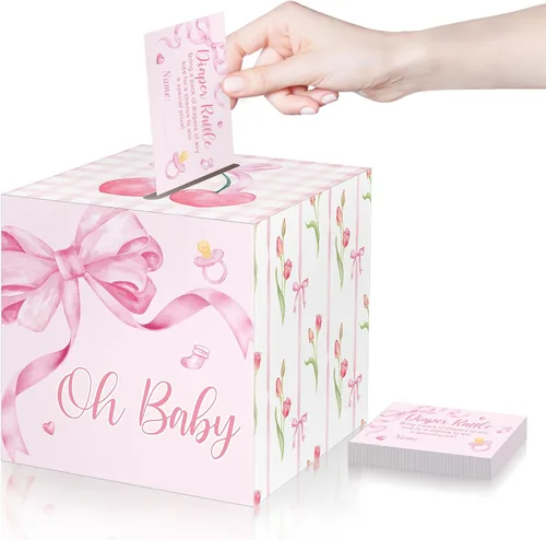 Miniatura 15 de Funrous 51 boletos para rifa de pañales con caja para invitaciones de juegos de baby shower, tarjeta de rifa de pañales para revelación de género