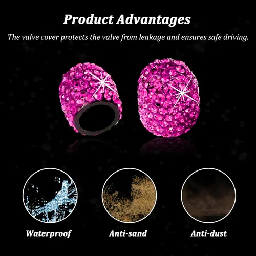 Miniatura 3 de Kewucn Bling Tapas para Vástago de Válvula de Neumático de Coche, Paquete de 4 Cubiertas Hechas a Mano con Diamantes de Imitación de Cristal Magenta
