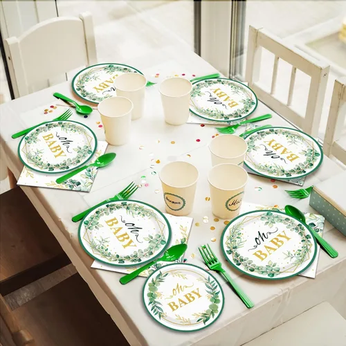 Miniatura 5 de Tevxj Juego de vajilla de 96 piezas Sage Greenery Oh Baby para baby shower, vajilla desechable, platos verdes con lámina dorada, platos para fiestas