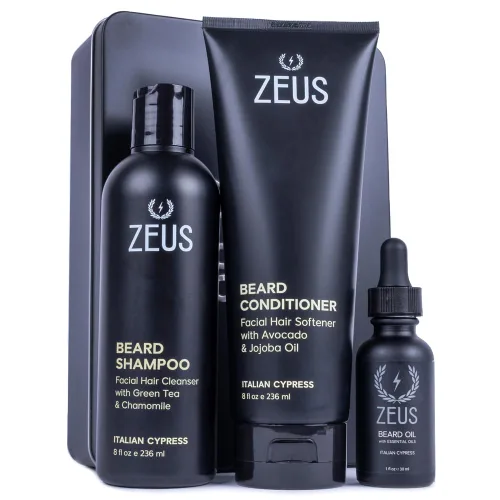ZEUS Kit de lavado de barba y aceite para barba para hombres, suaviza, hidrata e hidrata el vello facial, promueve un crecimiento y brillo