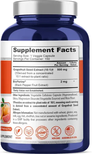 Miniatura 2 de NusaPure Extracto de pomelo, 500 mg, 150 cápsulas vegetales (sin OMG, vegano)