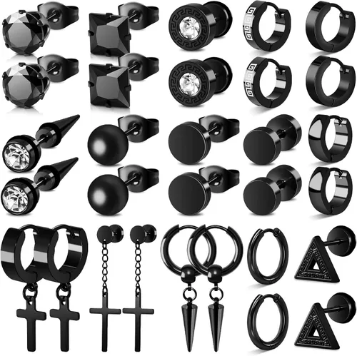 Juego de 15 pares de aretes para hombre, de acero inoxidable, hipoalergénicos, con cruz, aretes de aro colgantes de moda, joyería de regalo para