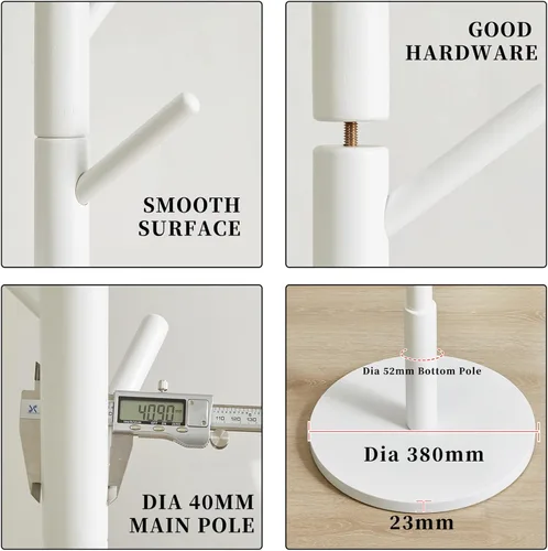Miniatura 3 de Aibiju Perchero de pie para abrigos Blanco con 8 ganchos y 3 opciones de altura, árbol para abrigos de madera para niños con base redonda