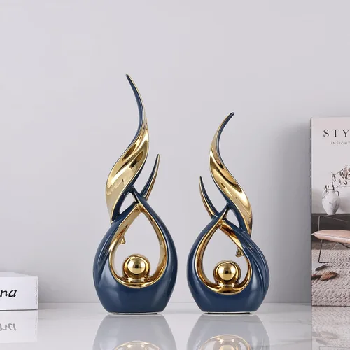 Miniatura 3 de 2 estatuas de cerámica de oro azul para decoración del hogar, esculturas modernas de arte abstracto, elegantes objetos decorativos de mesa