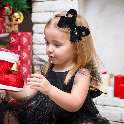 Miniatura 2 de Diademas con lazo para el pelo con lentejuelas brillantes, lazos de cinta para niñas, niños y mujeres (negro)