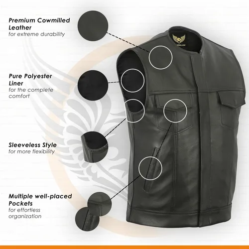 Miniatura 5 de Leatherick Mens Black Motorcycle Vests - Top Grain Cow Leather SOA Club & Traditional Paisley Satin Liner Leather Biker Vests Negro (sin cuello)