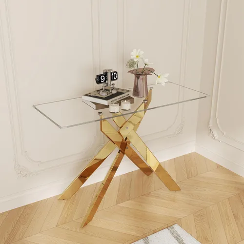 Miniatura 16 de Mesa de centro de cristal de 47 pulgadas con parte superior de vidrio templado y patas de metal dorado, mesa central rectangular moderna para sala