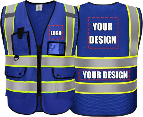 Chaleco Reflectante Clase 2 de Seguridad ANSI con Bolsillos y Cremallera de Alta Visibilidad Uniforme de Construcción K-azul