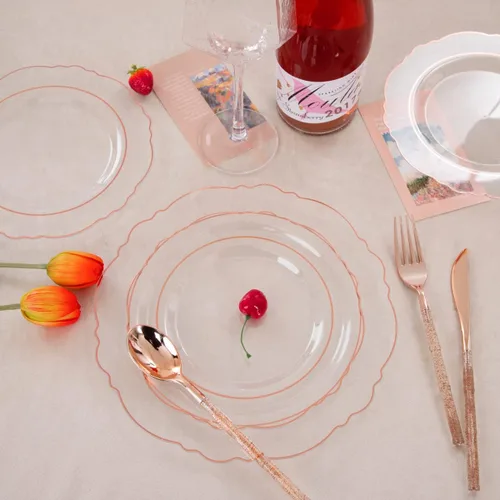 Miniatura 6 de Liacere 150 platos de plástico color oro rosa, platos desechables de oro rosa transparente con mango de bambú con purpurina, 60 platos barrocos