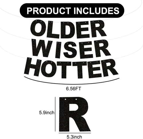 Miniatura 2 de BEISHIDA Cartel negro con purpurina Older Wiser Hotter – No DIY – Cartel de cumpleaños pre-encordado para mujeres 40, 50, 60, 70, 80, divertido