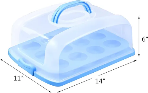 Miniatura 2 de Porta magdalenas 2 en 1 con tapa, portador rectangular para tartas, contenedor de almacenamiento portátil grande para almacenar 12 cupcakes o 1 Azul