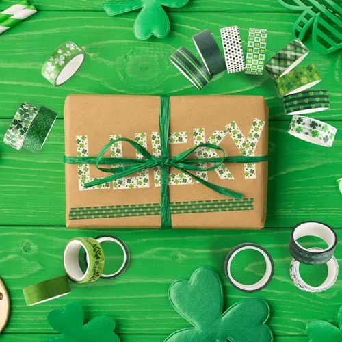 Miniatura 5 de Juego de cinta decorativa verde de 20 rollos de cinta washi del día de San Patricio para trébol de la suerte, cinta adhesiva para bricolaje del día
