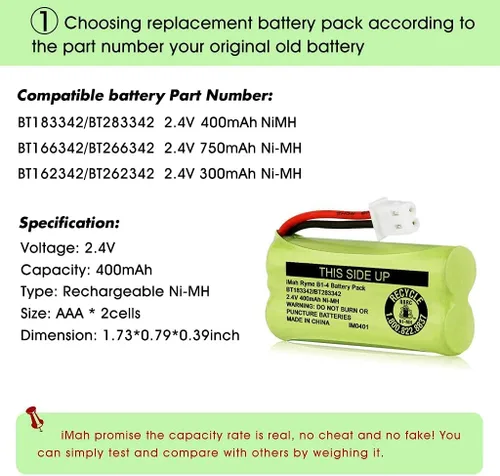 Miniatura 4 de iMah BT183342/BT283342 2.4V 400mAh Ni-MH - Batería compatible con baterías de teléfono inalámbrico AT&T VTech BT166342/BT266342 BT162342/BT262342