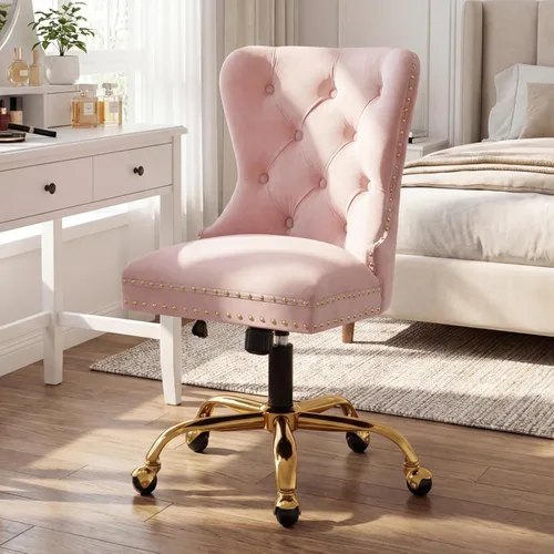Silla de escritorio de terciopelo para oficina en casa con ruedas y base dorada, cómoda silla de maquillaje copetuda para mujeres y niñas, silla de