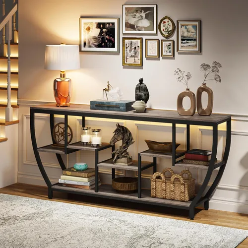 Miniatura 2 de Tribesigns Mesa de sofá de 70.9 pulgadas de largo con estantes, mesa consola rústica con almacenamiento, mesa de entrada industrial, soporte de TV
