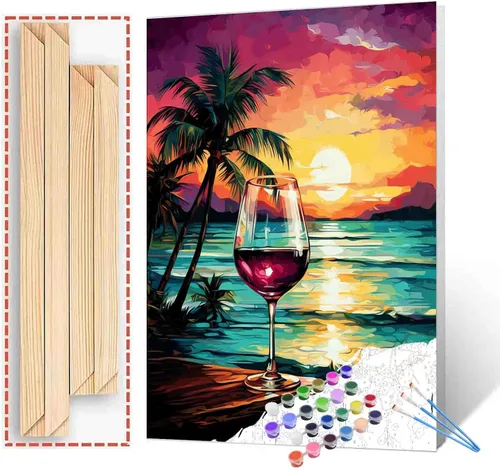 Miniatura 12 de Pintura de fiesta de vino tinto por números para adultos principiantes, vino vintage en vidrio, pintura por números, pintura acrílica, lienzo