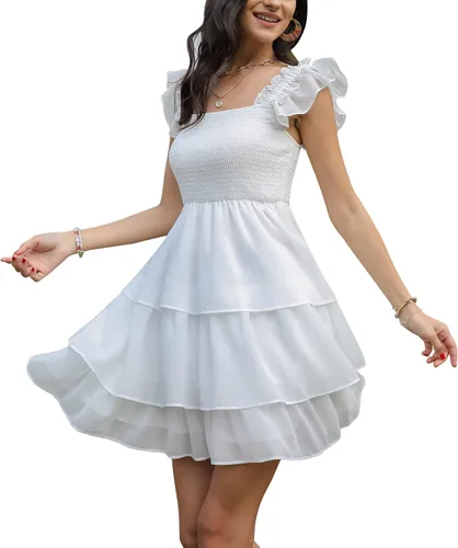 Byinns Vestido corto sin mangas con cuello cuadrado para mujer, cintura alta, espalda descubierta, escalonado, tirantes fruncidos, casual, corto,