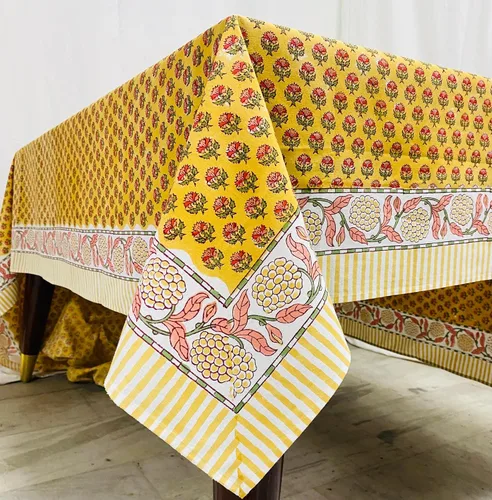 Miniatura 4 de Ridhi Mantel rectangular de algodón con estampado de bloque a mano amarillo mostaza, 102 x 48 pulgadas, reutilizable, decorativo para uso diario