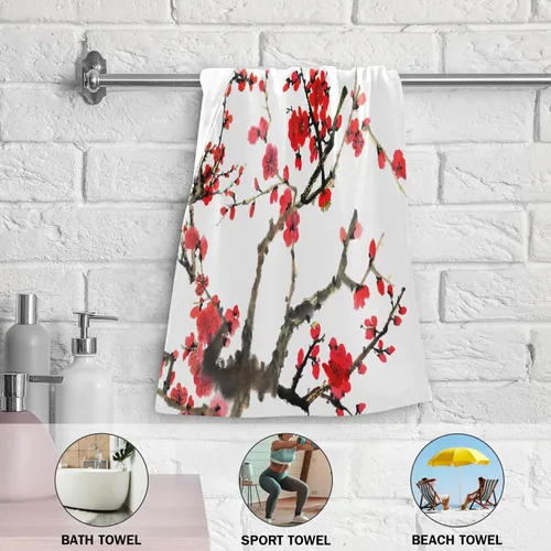 Miniatura 5 de Paquete de 2 toallas de mano con diseño de flor de cerezo rojo, toallas de baño absorbentes de microfibra asiática japonesa con tinta de acuarela