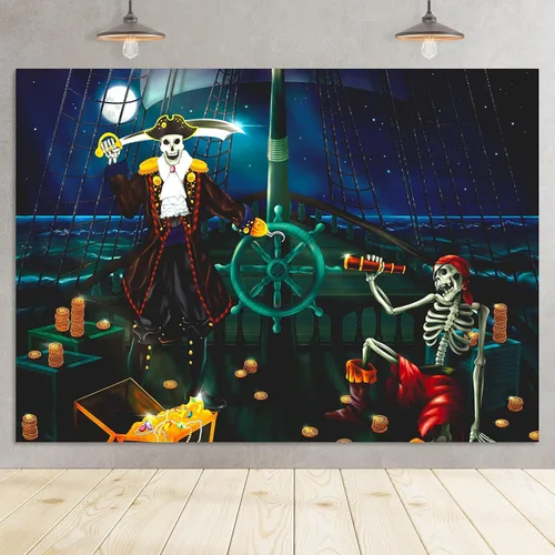 Cheerland Telón de fondo de tela para fiesta de cumpleaños de pirata, decoración de Halloween, esqueleto de cráneo, piratas, pancarta de puerta,