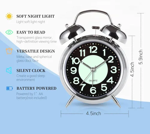 Miniatura 6 de Reloj despertador súper fuerte para personas que duermen pesadas, reloj despertador de campana doble de 4 pulgadas con luz de fondo, funciona