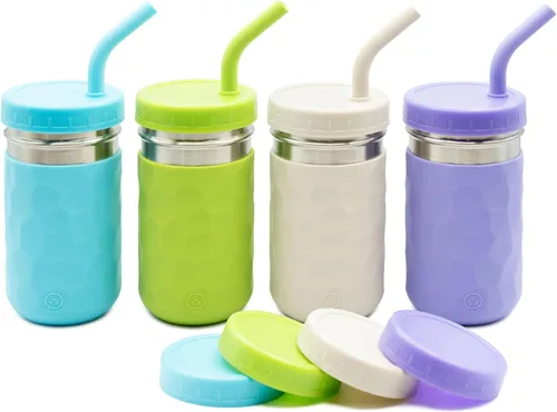 Miniatura 8 de WeeSprout Vasos 2 en 1 para niños, vaso de acero inoxidable duradero para batidos, pajitas de silicona con tapones, tapas giratorias de plástico