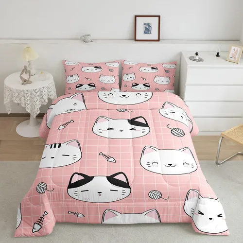 Miniatura 16 de Erosebridal Juego de ropa de cama para niños, tamaño individual, diseño de gatos de dibujos animados, para niñas, niños y adolescentes, edredón