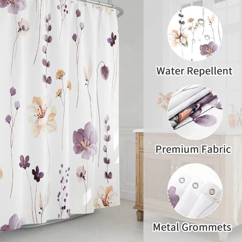 Miniatura 3 de Gibelle Cortina de ducha con diseño floral de acuarela, cortina de ducha de flores beige ciruela, para baño, juego de cortina de ducha moderna