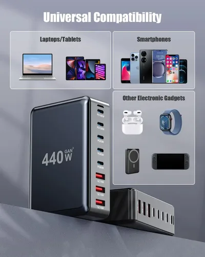 Miniatura 3 de Bloque de cargador USB C de 440 W, estación de carga USB C de 8 puertos GaN IV, estación de carga de múltiples puertos esenciales de viaje, Negro