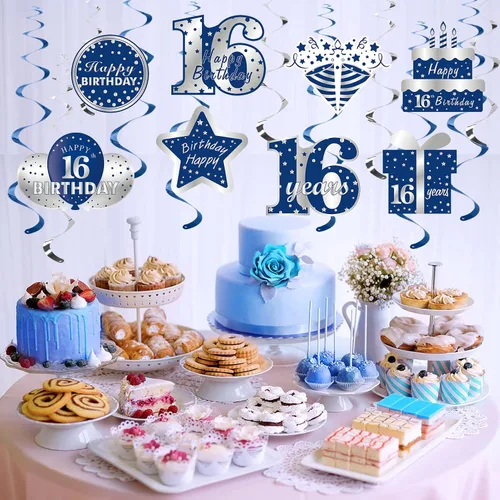 Miniatura 4 de Decoraciones colgantes de 16 cumpleaños azul y plateado para niños, 16 piezas de feliz cumpleaños de 16 años, suministros de fiesta de remolinos
