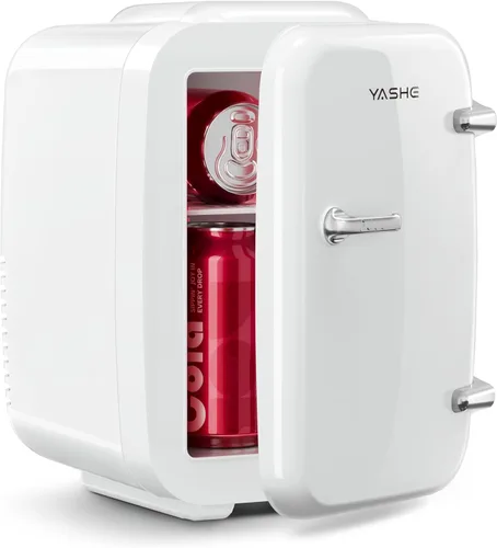 YASHE Mini nevera, refrigerador pequeño de 4 litros/6 latas para el cuidado de la piel, 110 V CA/12 V CC, enfriador termoeléctrico y calentador para