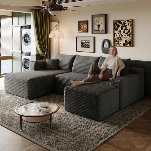 Miniatura 42 de Sofá modular en forma de L de 96 pulgadas con diván, moderno y cómodo sofá de pana para sala de estar, sofá de espuma viscoelástica, no requiere