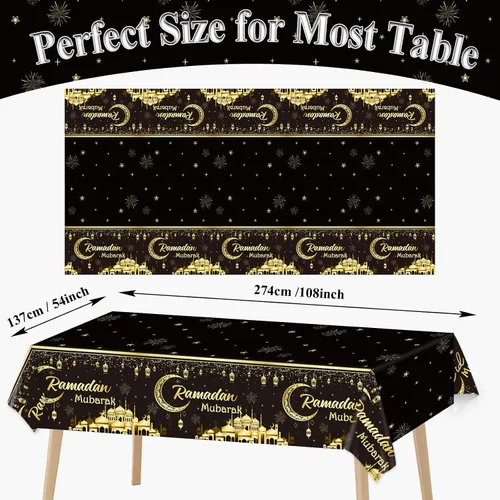 Miniatura 2 de 1 Manteles Ramadán Mubarak Eid Mubarak Decoraciones de Mesa Ramadán Kareem Suministros de Fiesta Negro y Dorado Cubierta de Mesa Rectangular