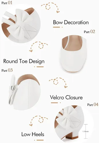 Miniatura 5 de Coutgo Zapatos de vestir Mary Jane para niñas, zapatos planos de tacón bajo con lazo y velcro para fiestas y escuelas para niños pequeños y grandes