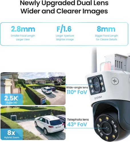 Miniatura 3 de ZOSI C298 Max 4K 8MP Cámara de seguridad PTZ con doble lente (2x4MP) con cable y WiFi para exteriores, gran angular, 2.4GHz cámara 360, zoom híbrido