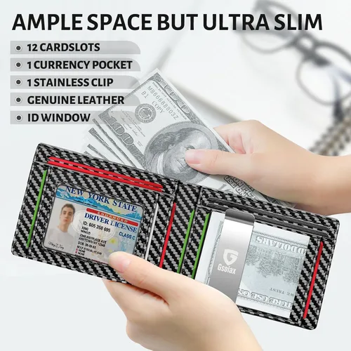 Miniatura 2 de GSOIAX Cartera delgada de cuero plegable RFID para hombre, billetera minimalista con bolsillo frontal con clip para dinero, 12 ranuras para Negro