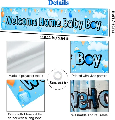 Miniatura 2 de Labakita Cartel de bienvenida a casa para bebé niño, pancarta grande para baby shower, decoración azul para baby shower, revelación de género
