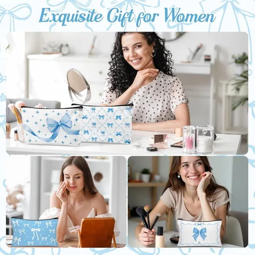 Miniatura 6 de 30 bolsas de maquillaje con lazo azul, bolsas de cosméticos con lazo coqueta para mujeres, bolsa de aseo de viaje, bolsa de aseo de coqueta